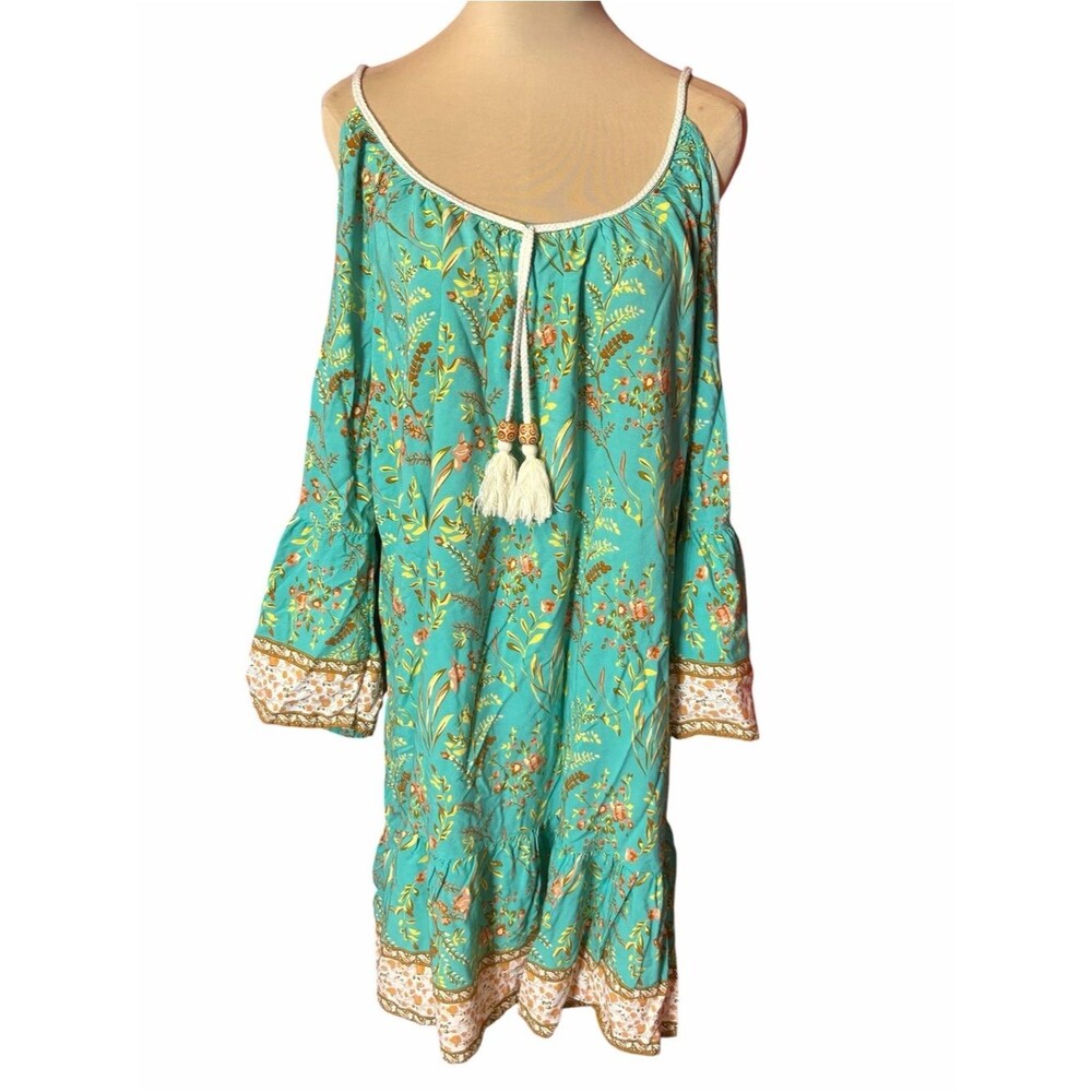 SHEIN Curve Teal Floral Off Shoulder Midi Dress 3X Boho Tassel Beach Dress